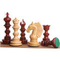 Bud rosewood and boxwood luxury Staunton chess pieces showing intricate carving and felted base.