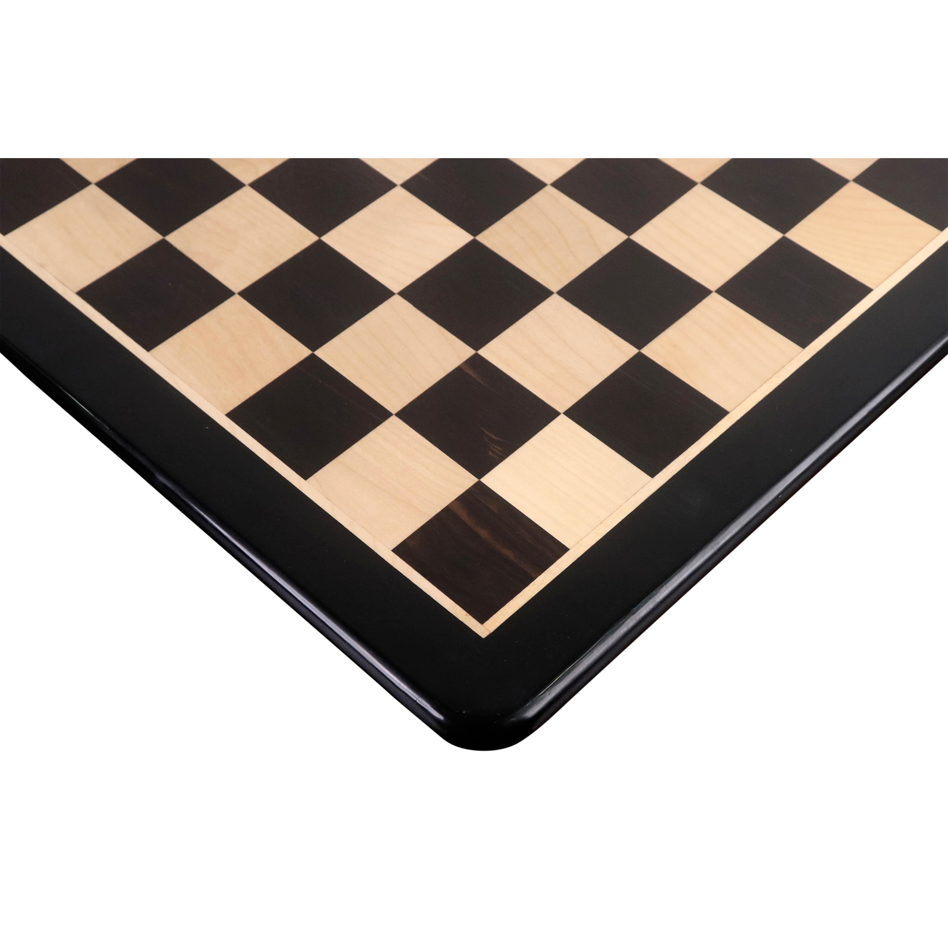 Close-up of the corner and inlaid border on the 21" Solid Ebony and Maple wood chess board.