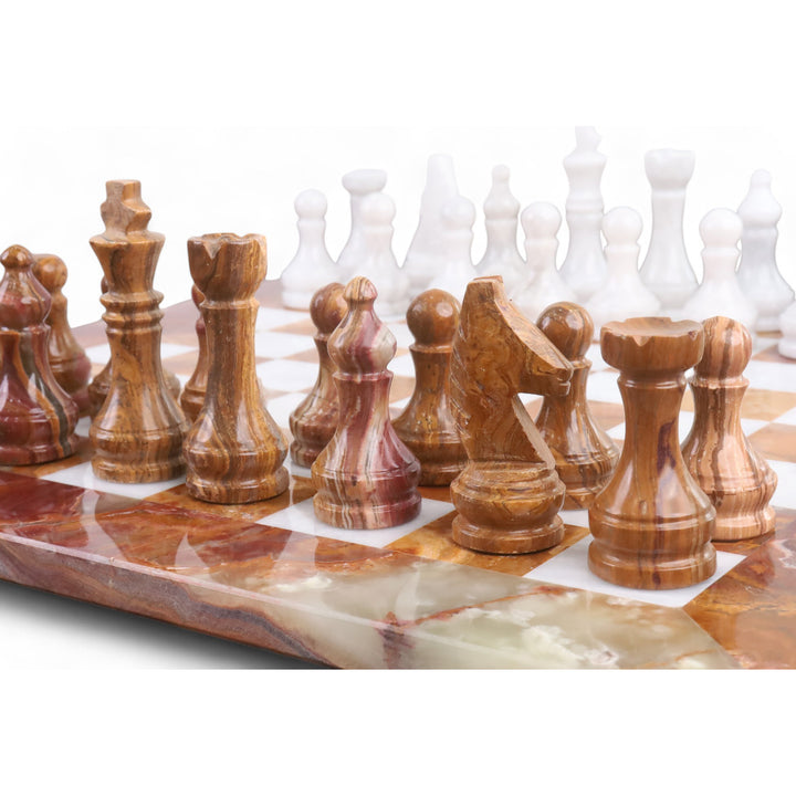 Brown Onyx Marble & Stone Chess Pieces & Board Combo Set - 15" - Handcrafted Chess Set