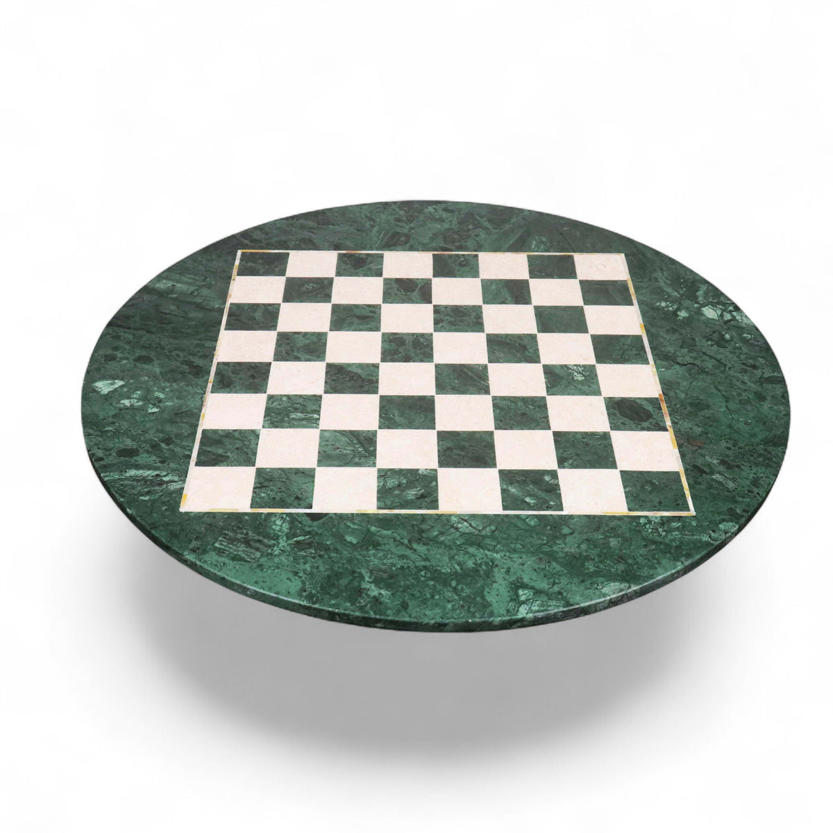 A 24-inch luxury round chess board crafted from dark green marble with inlaid white semi-precious stone squares, isolated on a white background.