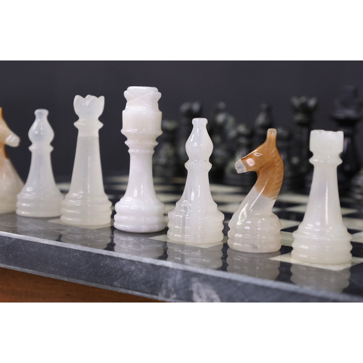 Slightly Imperfect Onyx Marble Chess Pieces & Board Combo Set - 12" - Black and White Stone