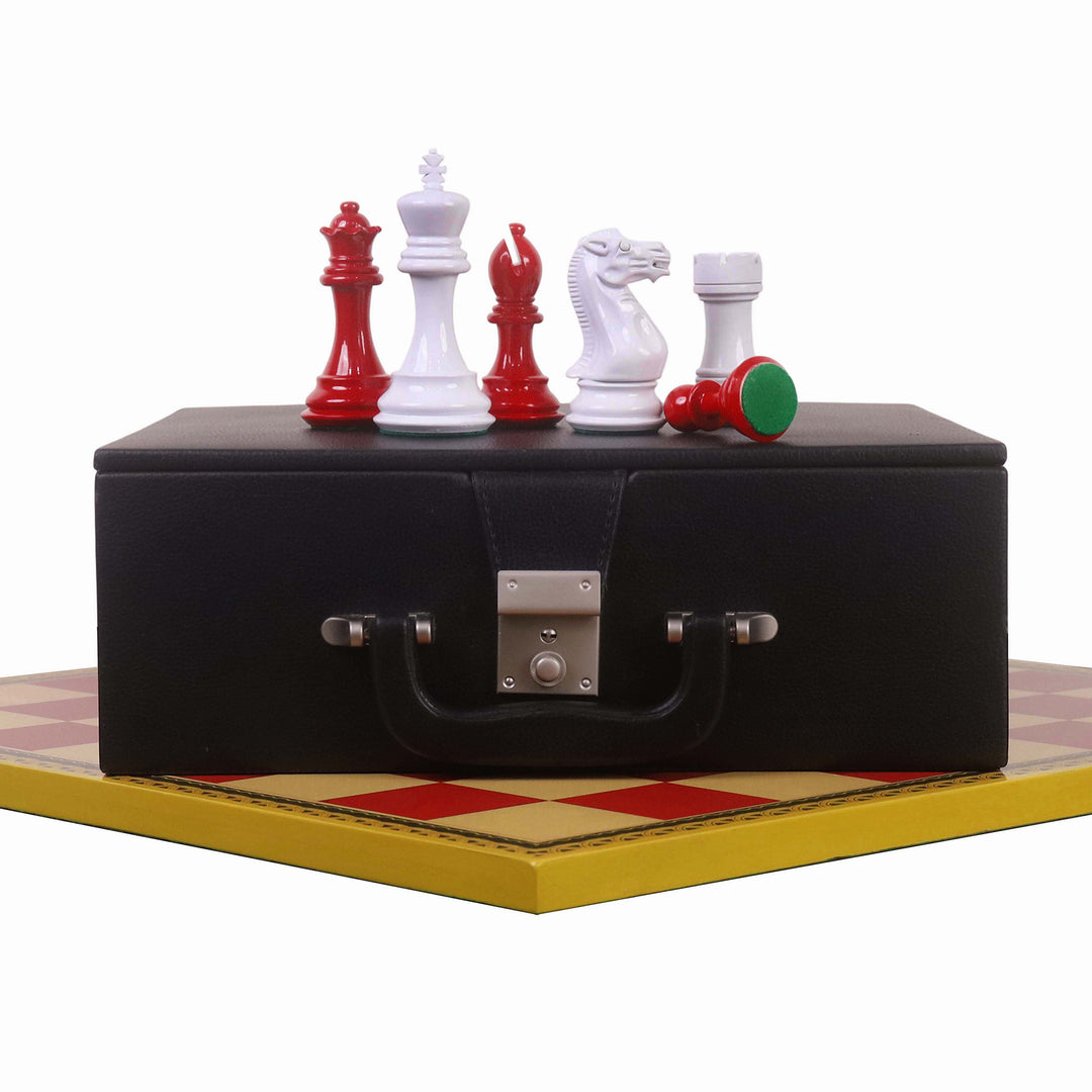 Combo of 4.1" Pro Staunton Weighted Red & White Painted Wooden Chess Set - Pieces in Boxwood with Chess Board & Storage Box