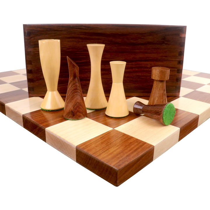 3.4 « Minimalist Tower Serie d'échecs lestés combiné - pièces en palissandre doré avec échiquier sans bordures et coffret