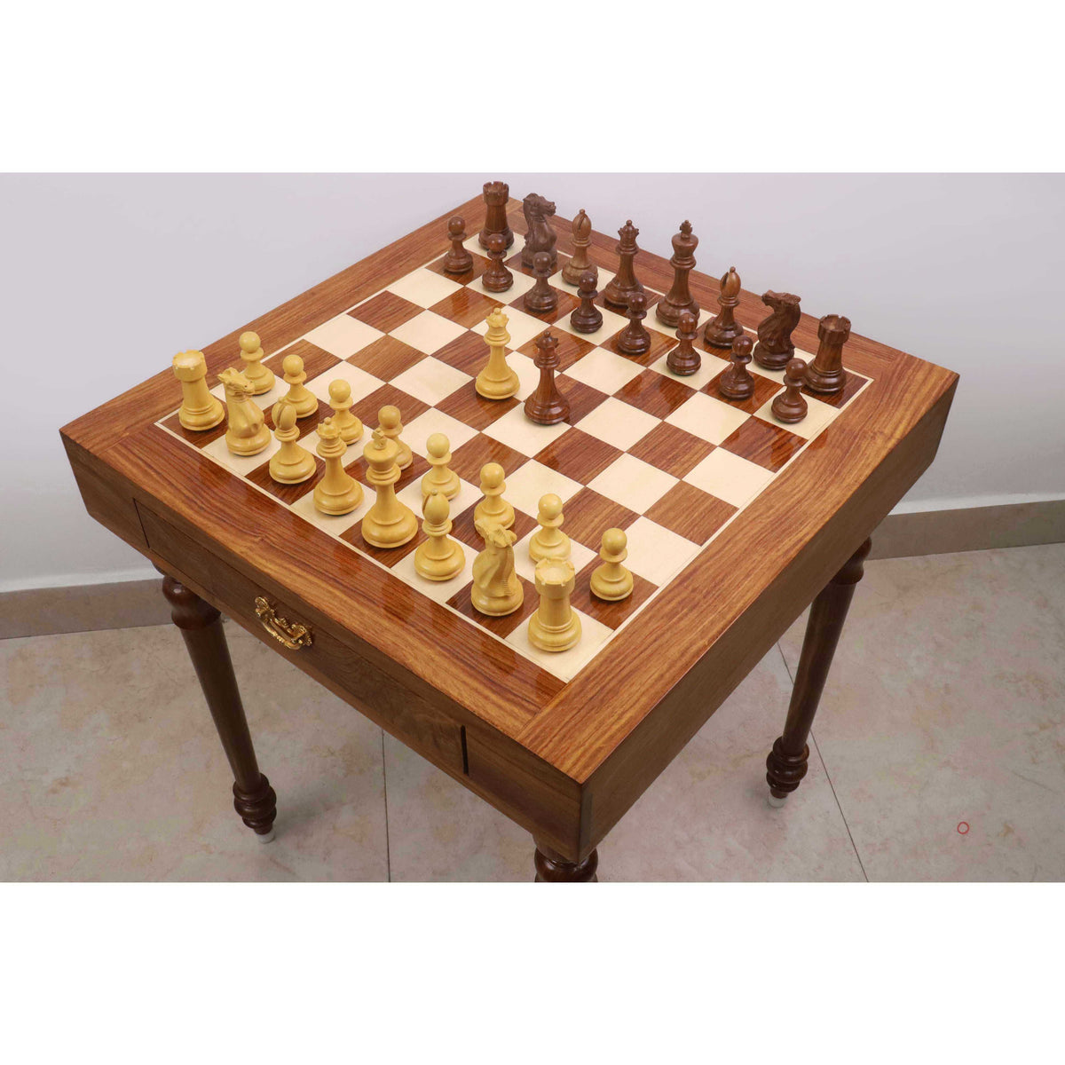 4.1" Pro Staunton weighted wooden chess pieces arranged on a 23" tournament-size chess board table.