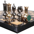 Victorian series brass metal luxury chess pieces grouped closely on a 25-inch ebony wood chess board.