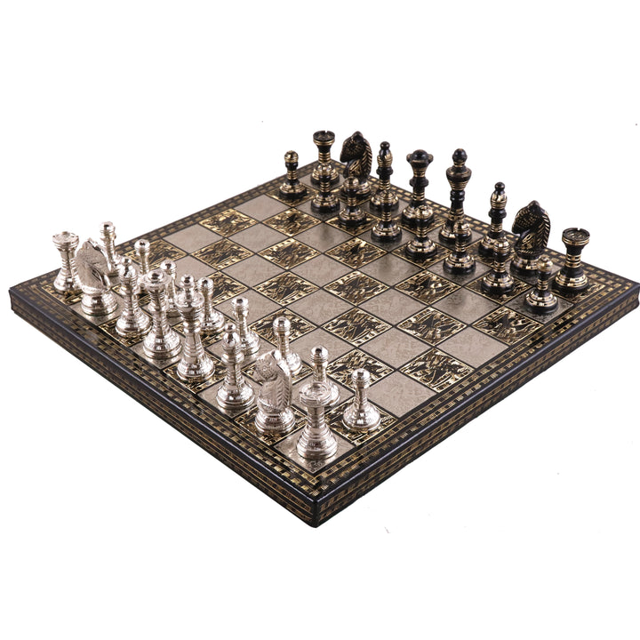 Staunton Inspired Brass Metal Luxury Chess Pieces & Board Set- 12" -Silver & Black - Warehouse Clearance - USA Shipping Only