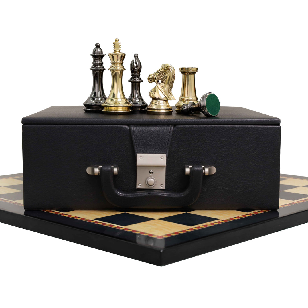 3.9" Bridle Series Luxury Brass Metal Chess Set Combo in Metallic Gold & Grey – 21" Ebony & Maple Matte Board & Leatherette Coffer Box
