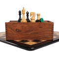 4 inch Leningrad Staunton chess pieces with wooden storage box on ebony board.