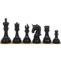 Close-up of the black Ebony Imperial Staunton chess pieces lineup.