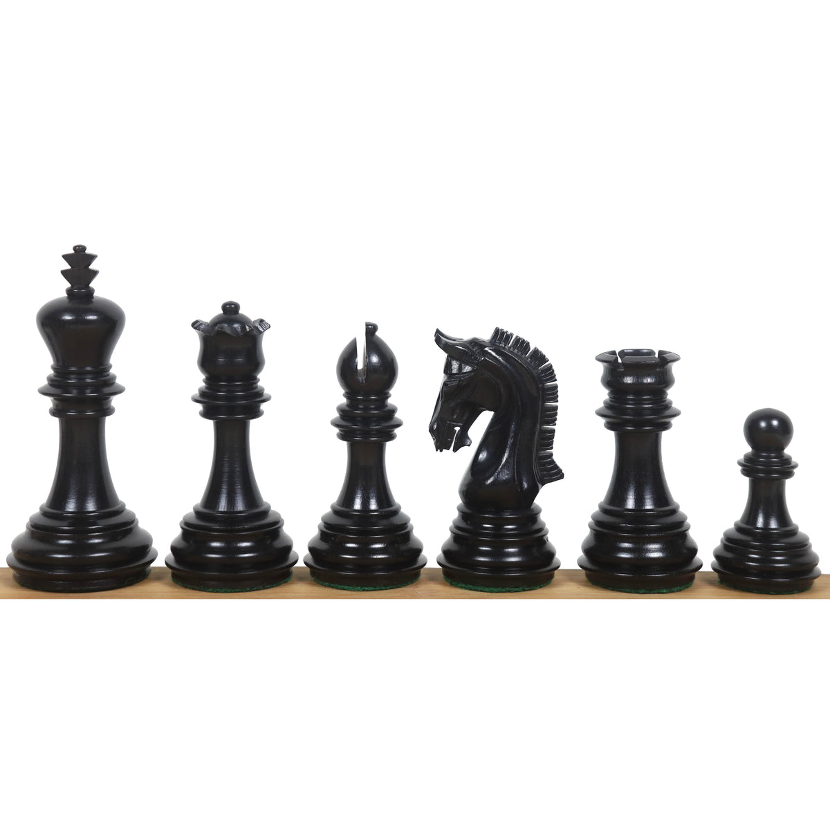 Close-up of the black Ebony Imperial Staunton chess pieces lineup.