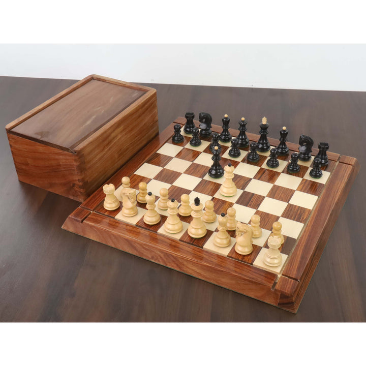 Combo of 2.6″ Russian Zagreb Chess Set - Pieces in Ebonised Boxwood with Board and Box