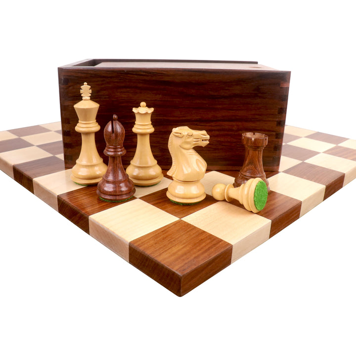 Pièces d'échecs professionnelles Staunton 3.6" en palissandre doré avec échiquier sans bordure et boîte de rangement en bois