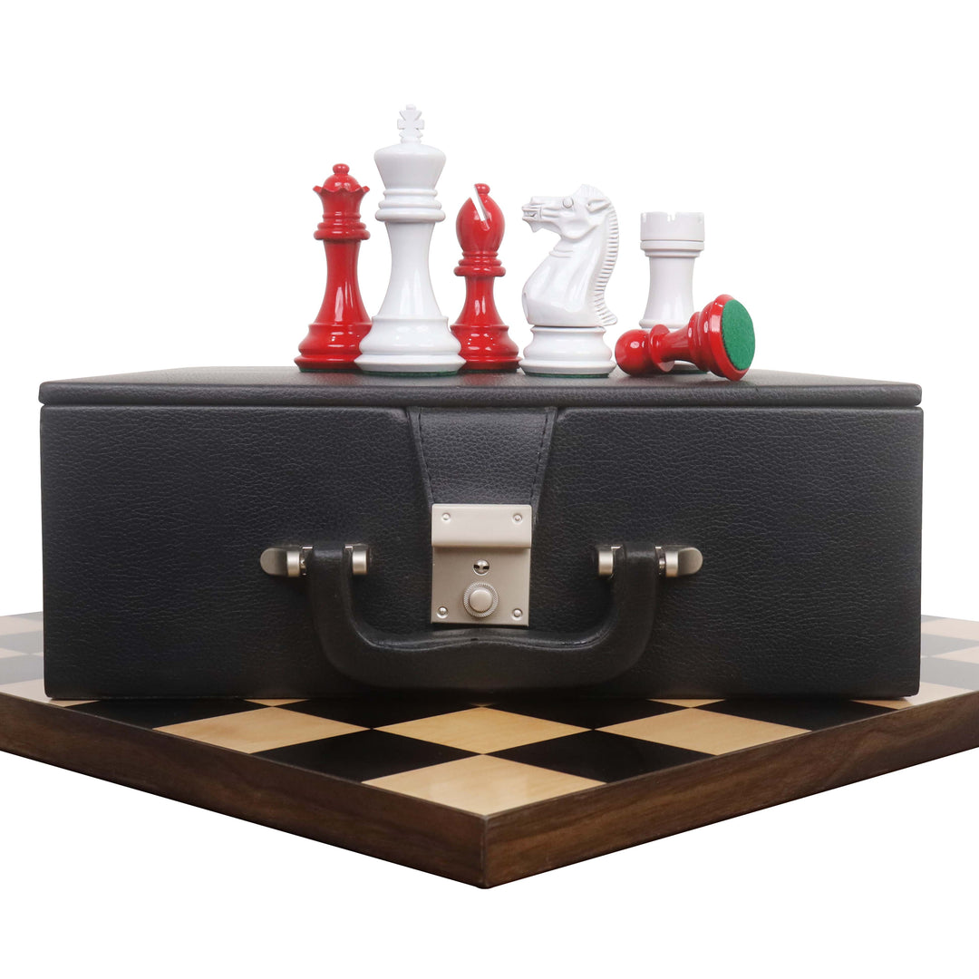Combo of 4.1" Pro Staunton Chess Set - Pieces in Red and White Painted Boxwood with Board and Box