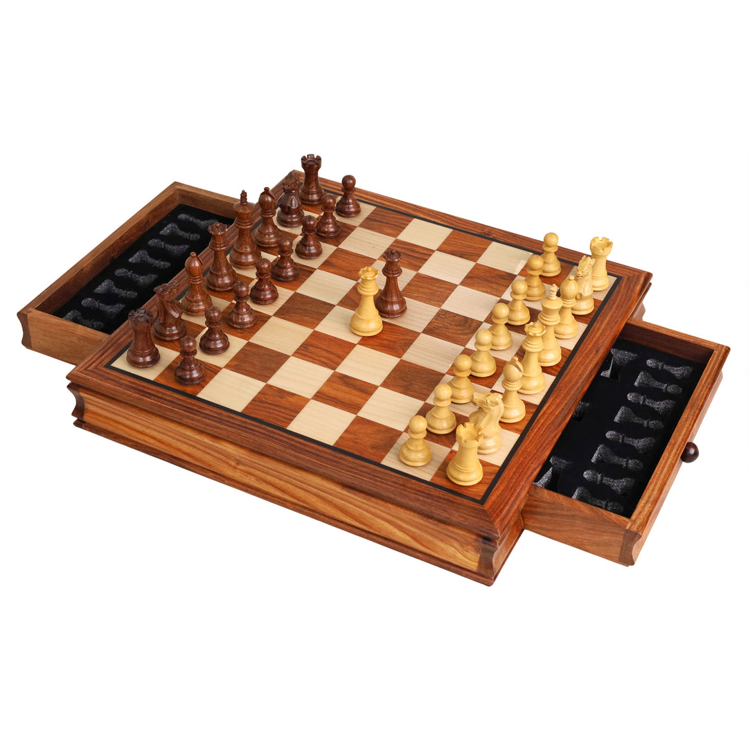 15” Legacy magnetic travel chess set in golden rosewood featuring built-in storage drawers.