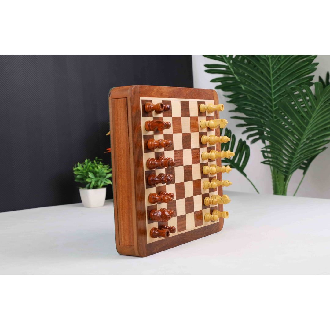 Large 10 inch Travel Chess set with Drawer - Magnetic Set - Golden Rose wood