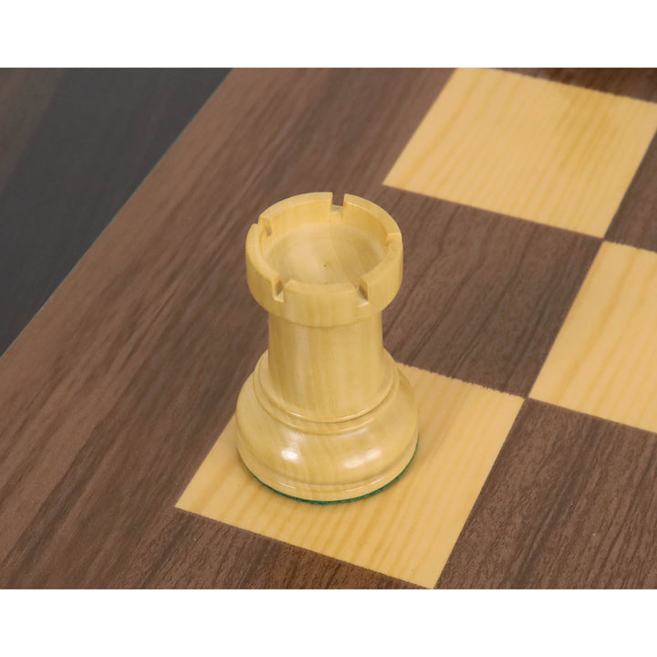Angled close-up of a natural boxwood Fischer Dubrovnik rook chess piece.