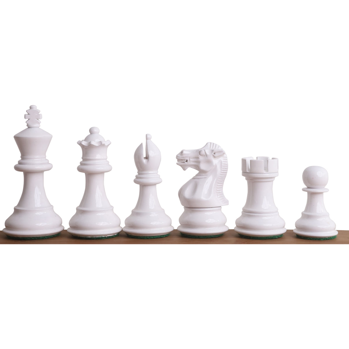 Row of professional white painted Staunton wooden chess pieces with a glossy finish.