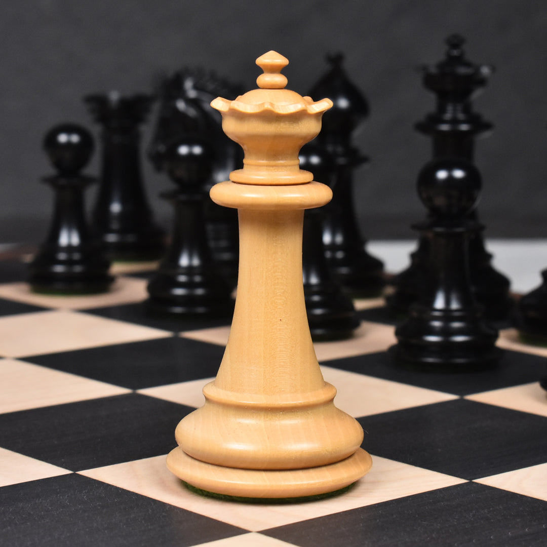 Pièces d'échecs Staunton en bois d'ébène 3.7" Emperor Series avec échiquier 21" en bois d'ébène et d'érable massif au choix du joueur - finition mate et boîte de rangement en similicuir