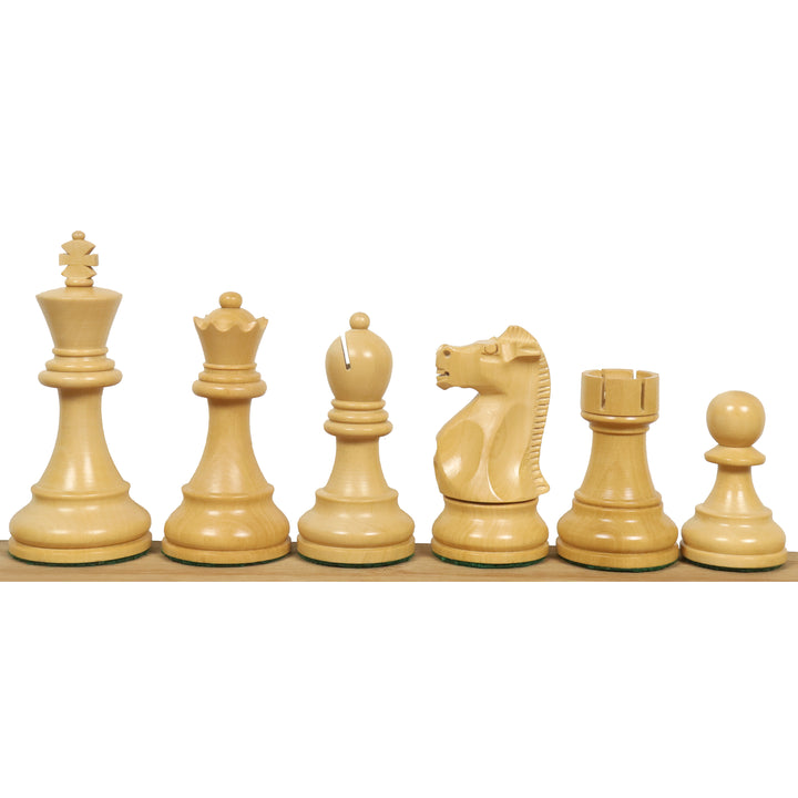 Complete lineup of the light-colored Boxwood chess pieces from the 1972 Fischer Spassky Championship edition.