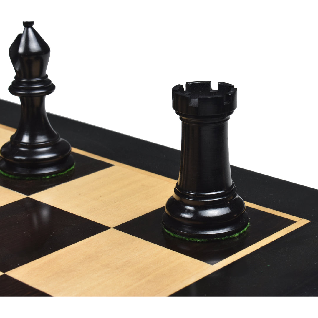 Pièces d'échecs en bois d'ébène Sinquefield Staunton Repro 2016 avec échiquier en bois d'ébène et d'érable massif de 21" au choix du joueur - finition mate et boîte de rangement en similicuir.