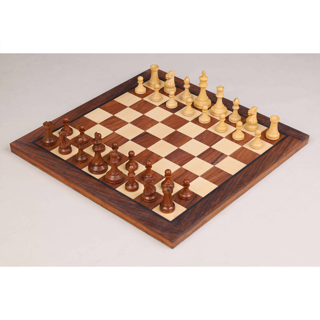 Complete setup of a 12 inch wooden magnetic chess set with minimalist Staunton style pieces.
