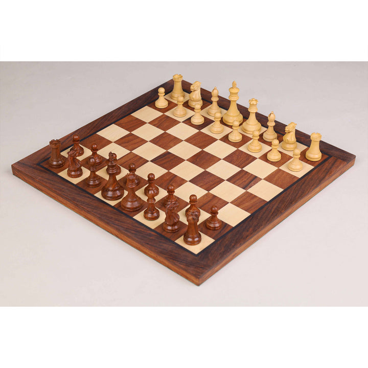 Complete setup of a 12 inch wooden magnetic chess set with minimalist Staunton style pieces.