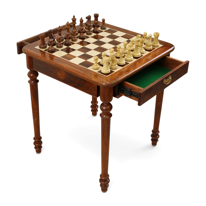 Combo of 22" Tournament Golden Rosewood Chess Table with 4.1" Pro Staunton Weighted Golden Rosewood Pieces with Storage Drawers