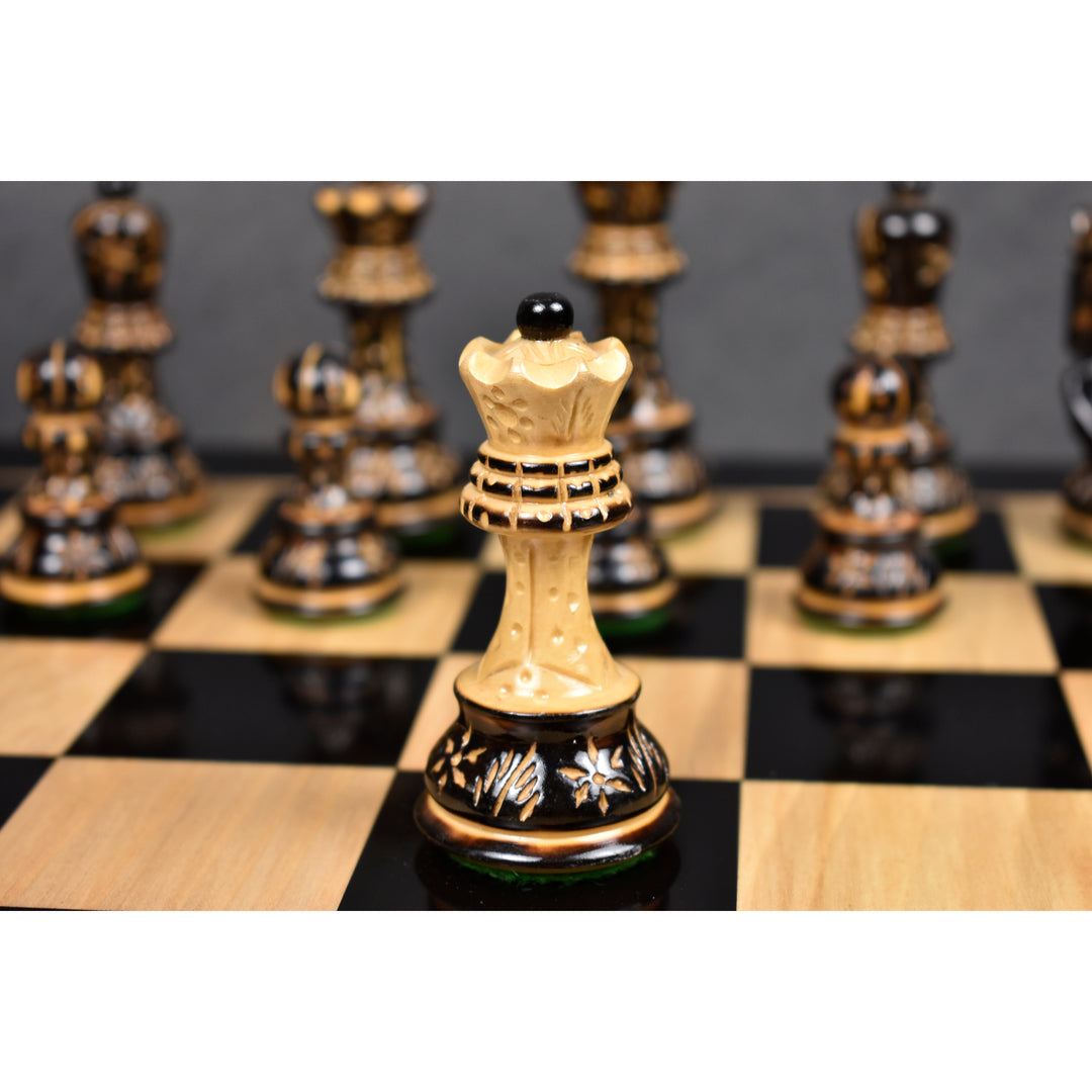 Slightly Imperfect 3.75" Artisan Carving Burnt Zagreb Chess Pieces with Storage Box - Warehouse Clearance - USA Shipping Only