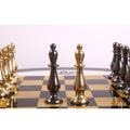 Metallic grey and gold brass bishops of the Regal Curve Series chess set.