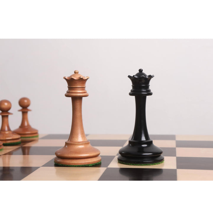 19th century B & Co Reproduced Luxury Chess Set- Chess Pieces Only- Ebony Wood & Antiqued Boxwood– 4.2″ King