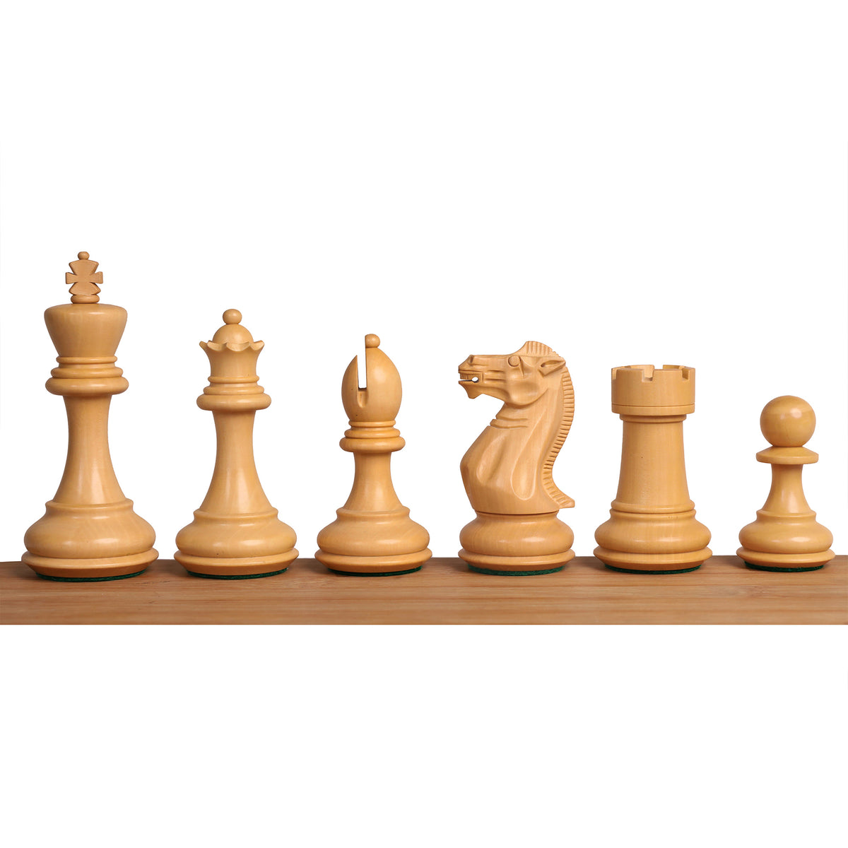 Complete set of white Pro Staunton boxwood chess pieces arranged in a professional lineup.