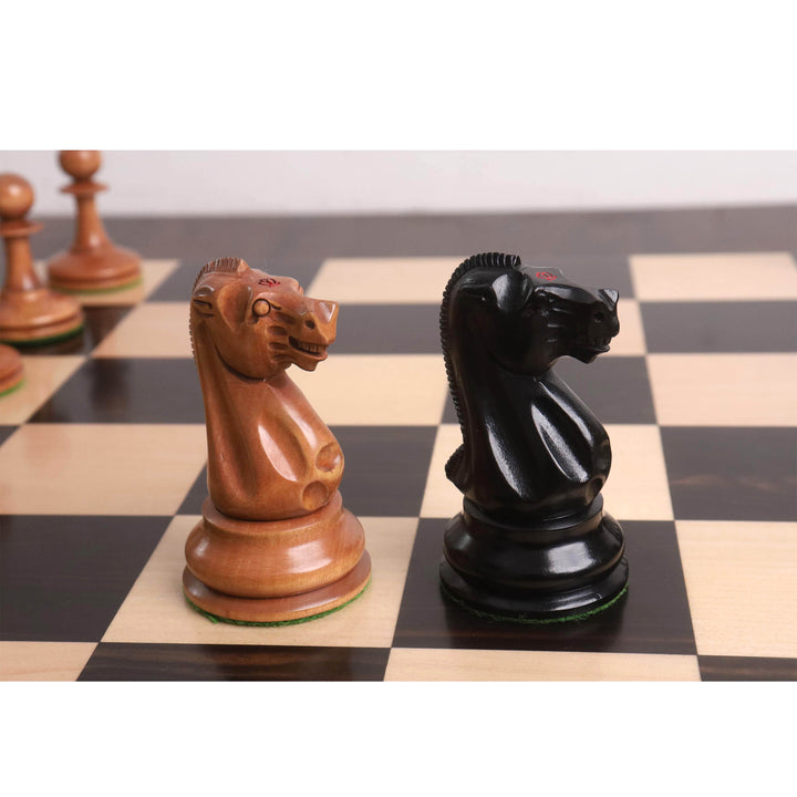 19th century B & Co Reproduced Luxury Chess Set- Chess Pieces Only- Ebony Wood & Antiqued Boxwood– 4.2″ King