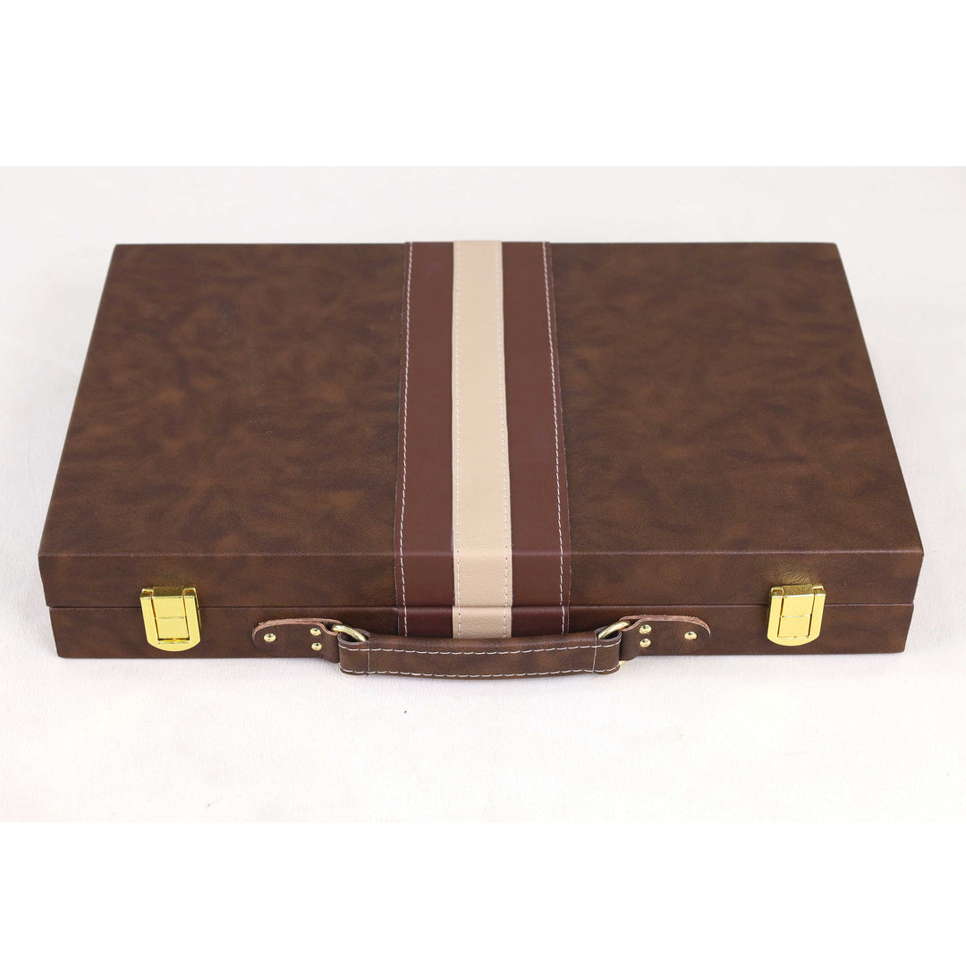 Closed Cognac Brown Executive Backgammon carrying case with gold hardware