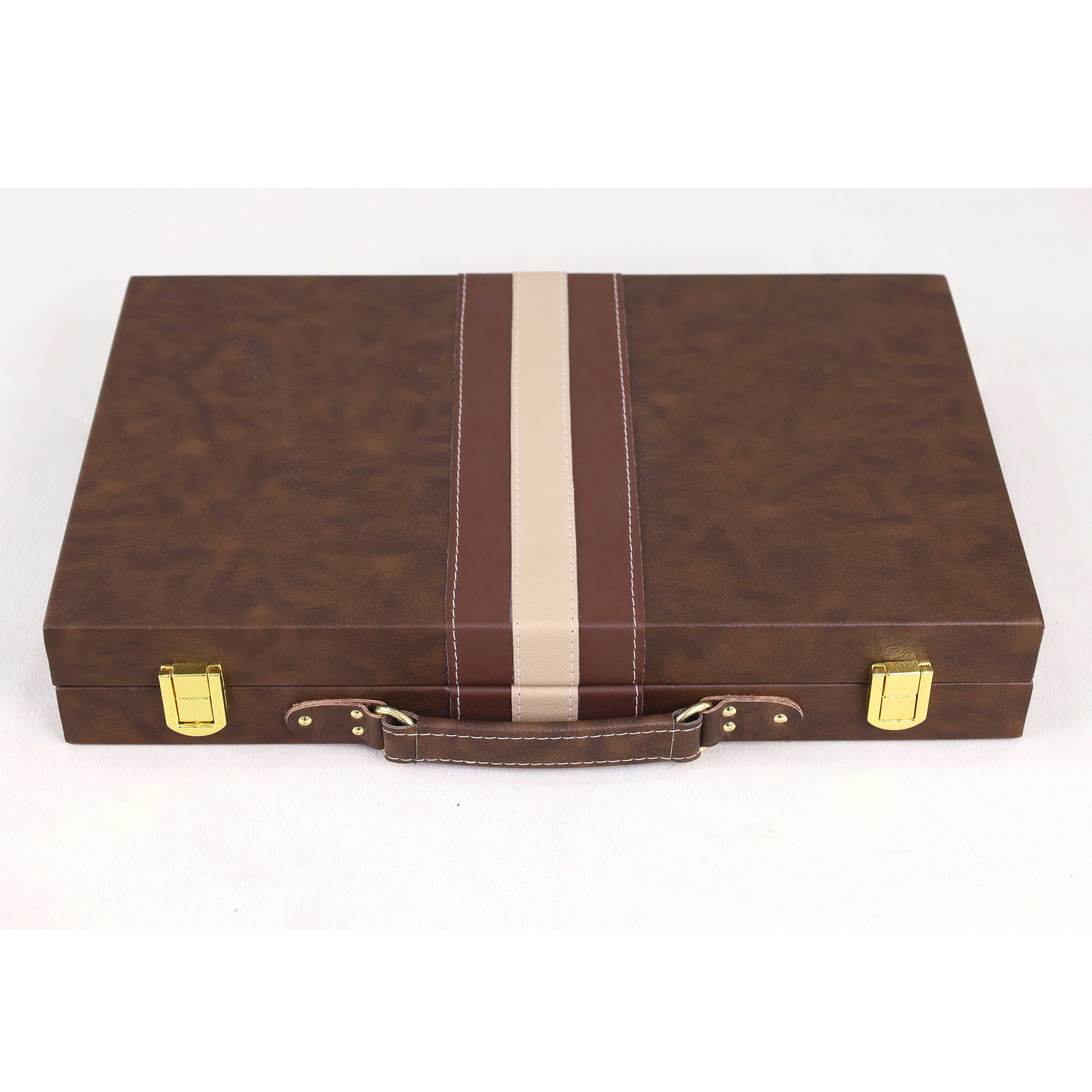 Closed Cognac Brown Executive Backgammon carrying case with gold hardware