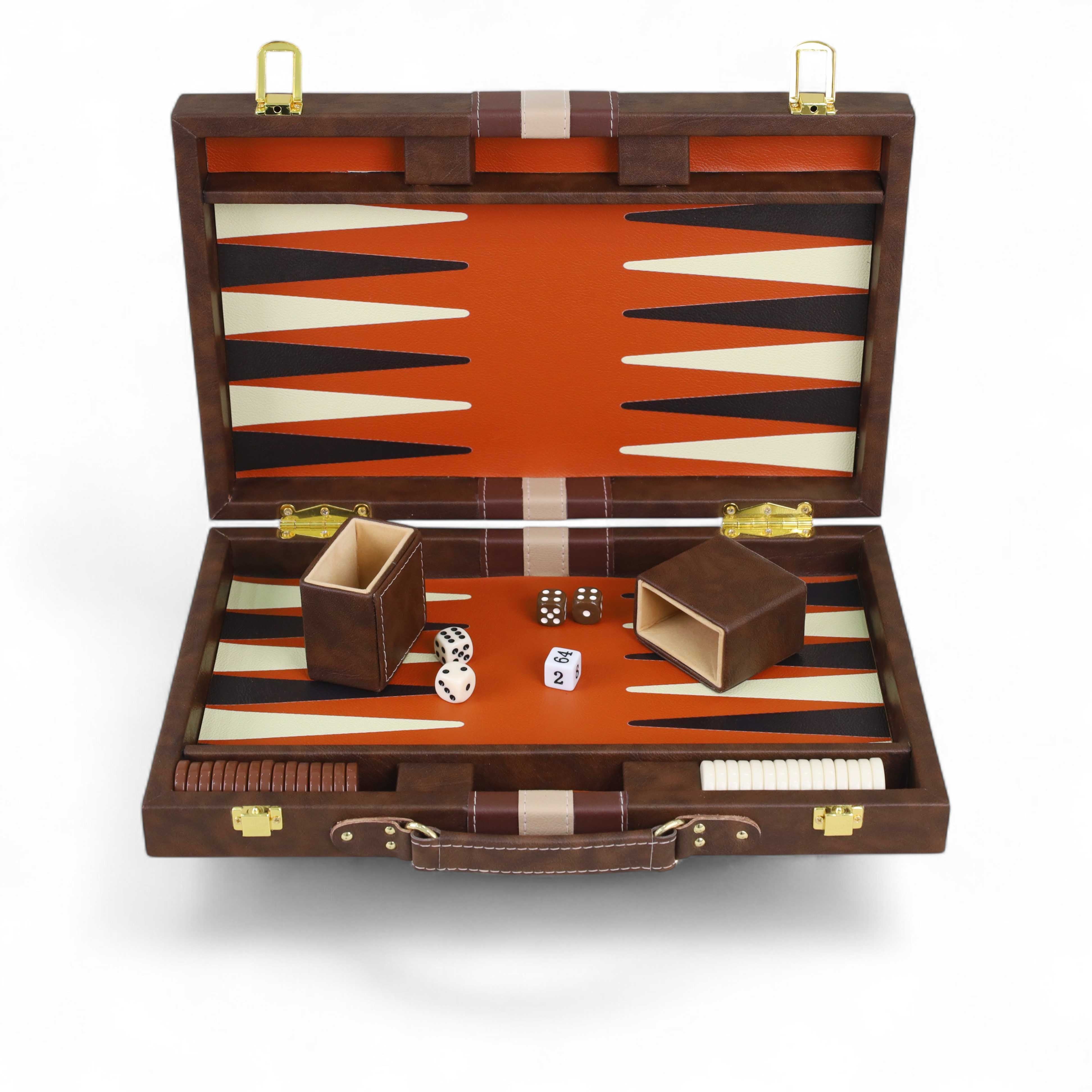 Front open view of 15-inch Cognac Brown and Terracotta Executive Backgammon Set