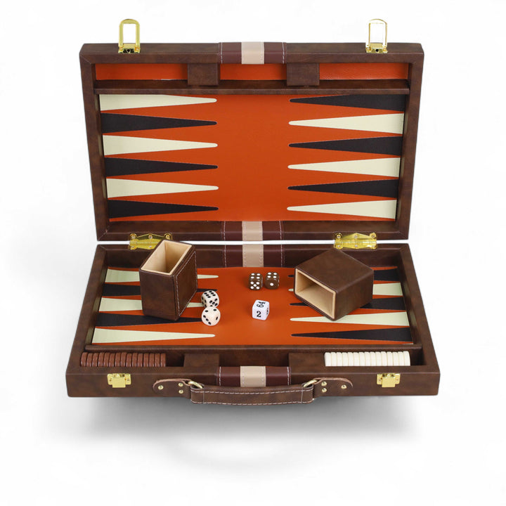 Front open view of 15-inch Cognac Brown and Terracotta Executive Backgammon Set