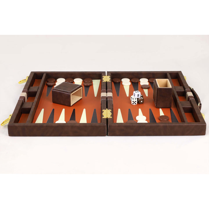 Open backgammon set with checkers, dice and removable dice cups