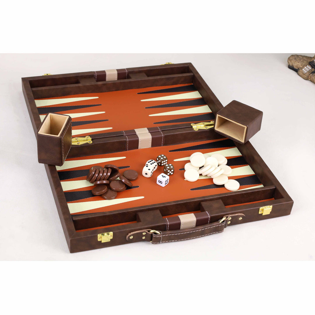 Brown and ivory checkers arranged on the terracotta backgammon board