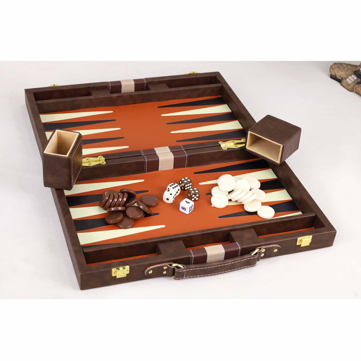Brown and ivory checkers arranged on the terracotta backgammon board