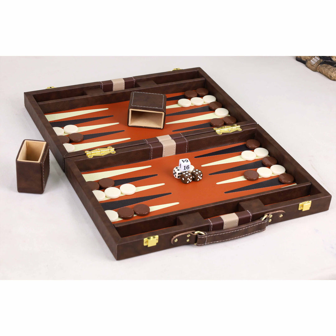Angled open view of the Executive Backgammon Set with accessories