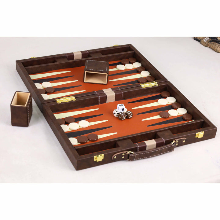 Angled open view of the Executive Backgammon Set with accessories