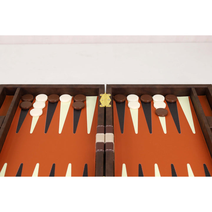 Fully opened 15-inch Cognac Brown Executive Backgammon Set