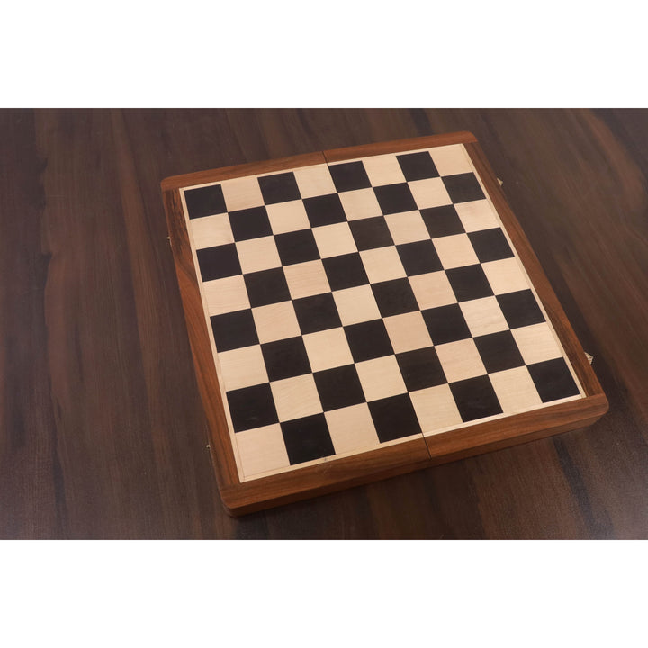 16 inch magnetic chess board featuring premium ebony and maple wood squares and a solid wood frame.