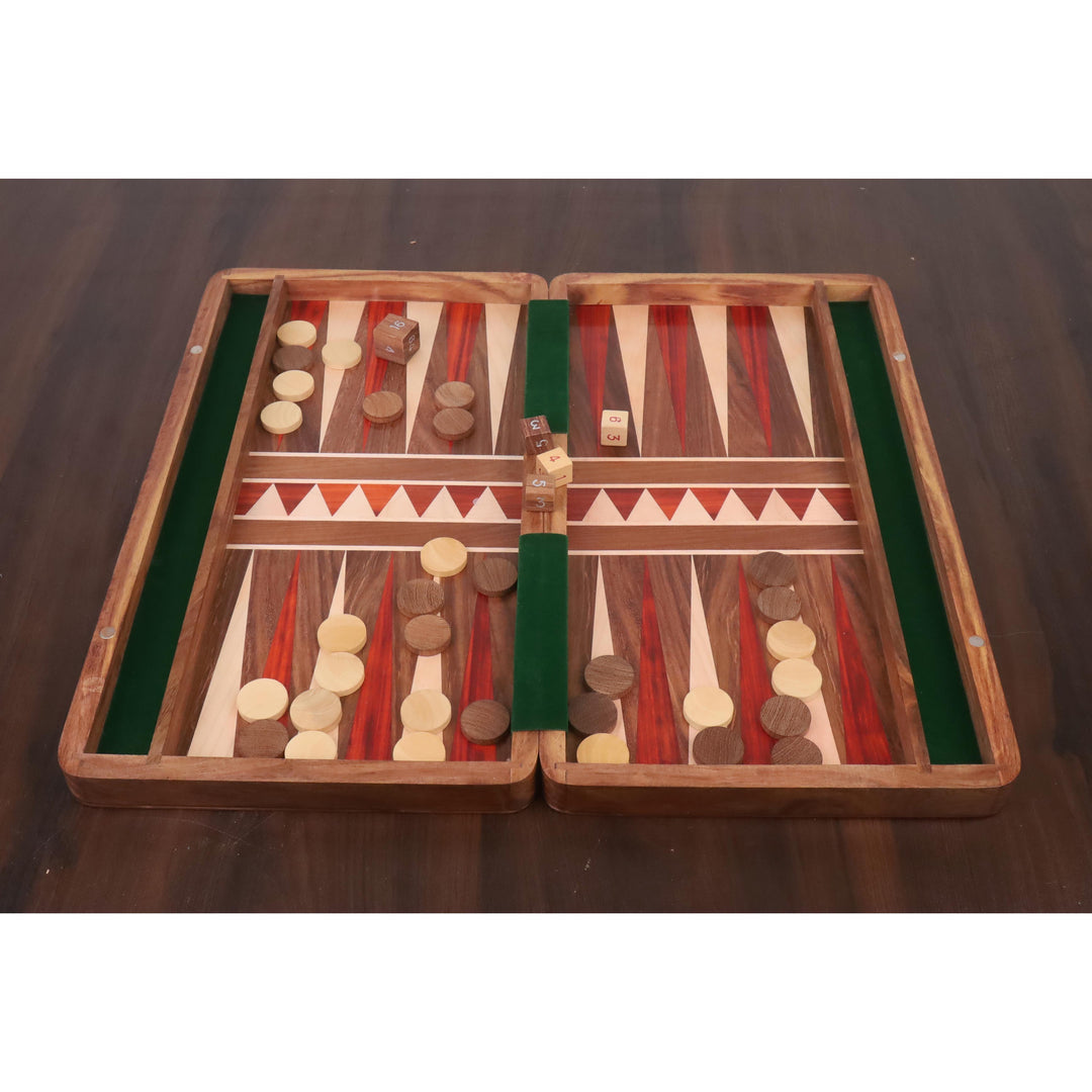 Overhead view of bud rosewood inlays and wooden checkers on a luxury 16 inch backgammon board.