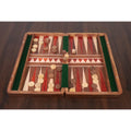 Overhead view of bud rosewood inlays and wooden checkers on a luxury 16 inch backgammon board.