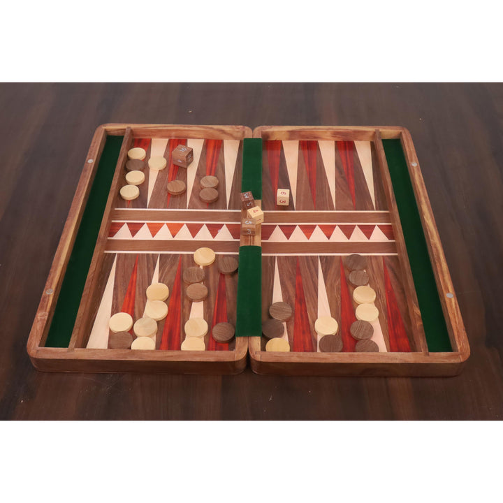 Overhead view of bud rosewood inlays and wooden checkers on a luxury 16 inch backgammon board.