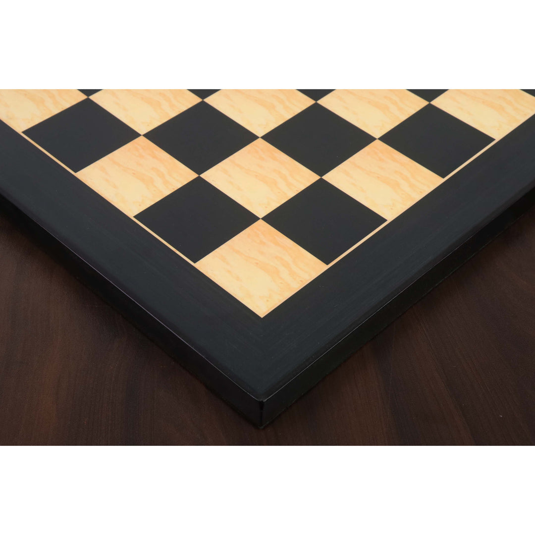 Side profile of a 17 inch ebony and maple wood printed chess board showing its sturdy thickness.