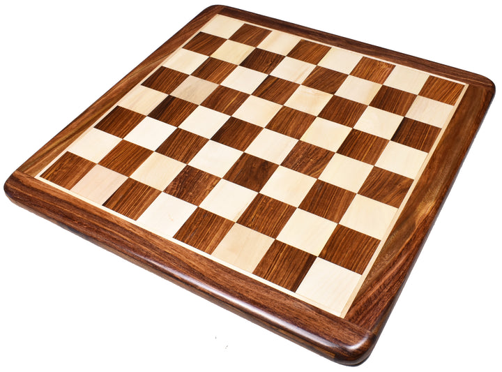 Professional square 17 inch inlaid wooden chess board crafted from golden rosewood and maple wood.