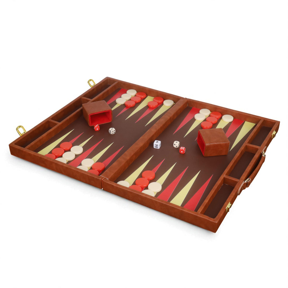 18 inch cognac brown backgammon board game featuring red and cream points with matching playing pieces.