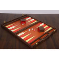 Luxury chocolate brown backgammon board set up with red and cream checkers and leatherette dice cups.